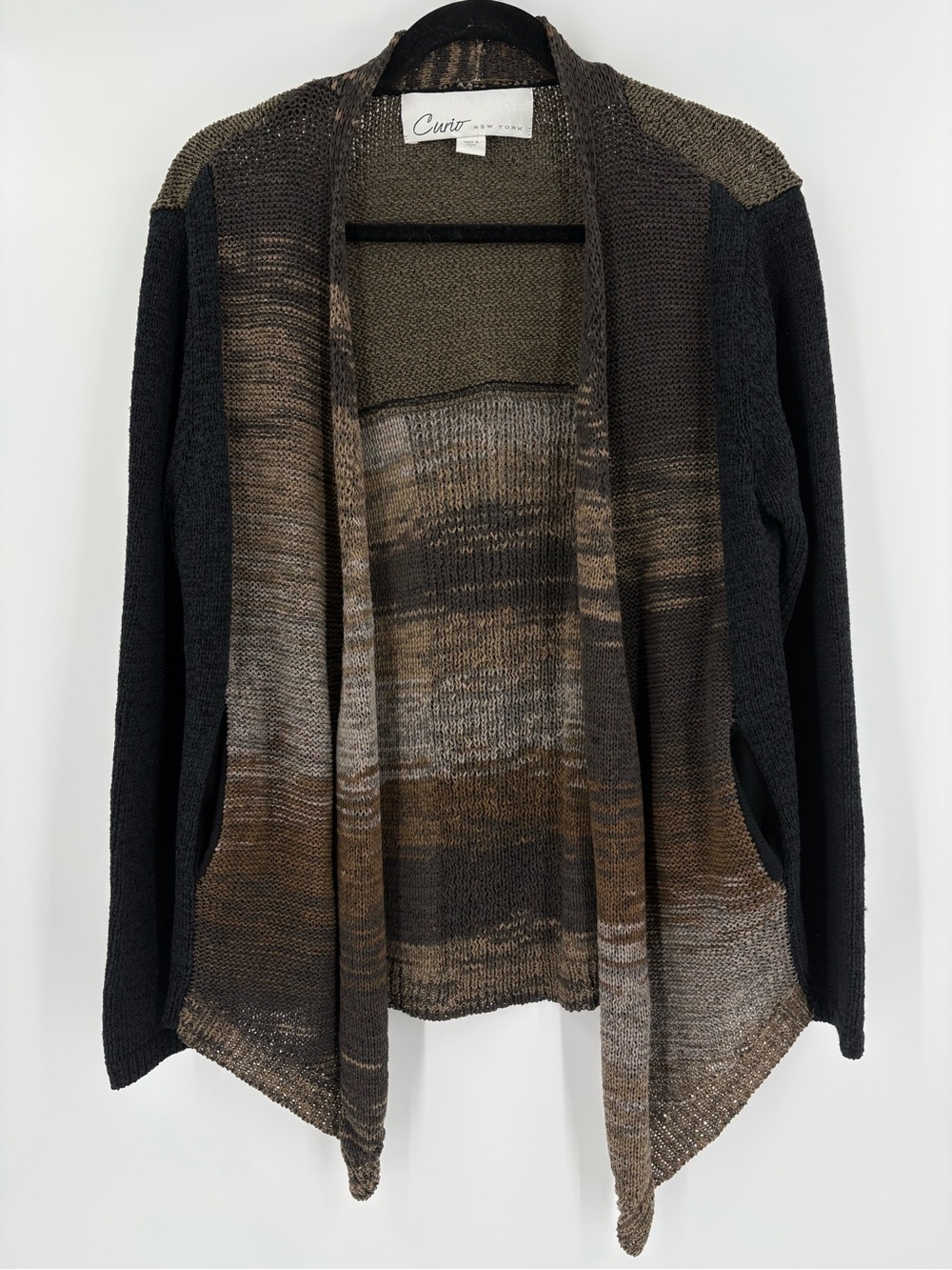 Anthropologie Curio Open-Front Marled Brown Black Knit Cardigan Women Large